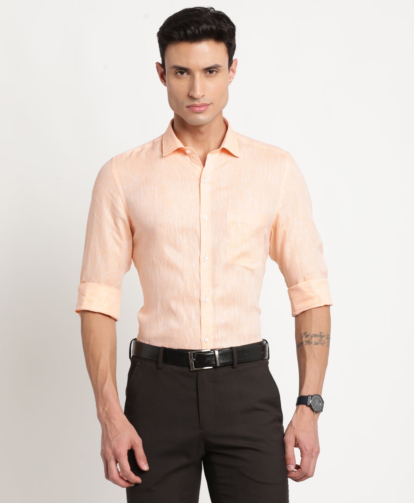 Pure Linen Peach Plain Slim Fit Full Sleeve Formal Shirt