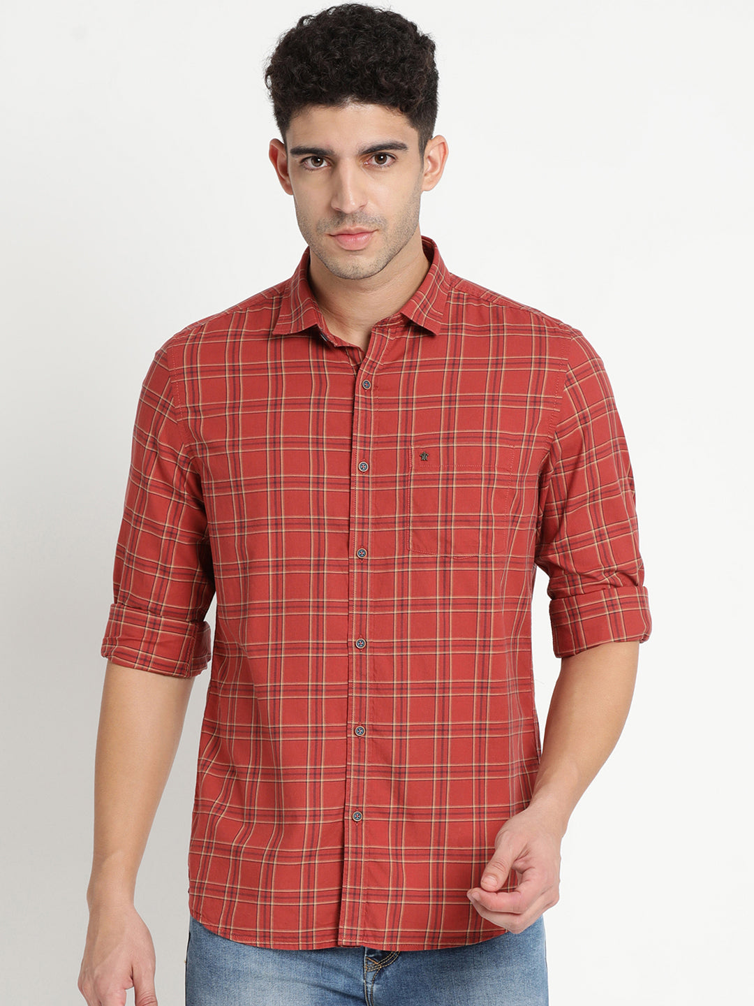 100% Cotton Maroon Checkered Slim Fit Full Sleeve Casual Shirt