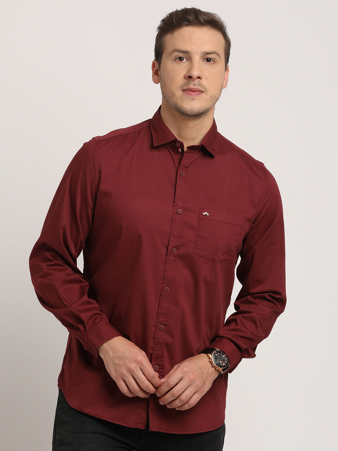 Cotton Stretch Maroon Plain Slim Fit Full Sleeve Casual Shirt