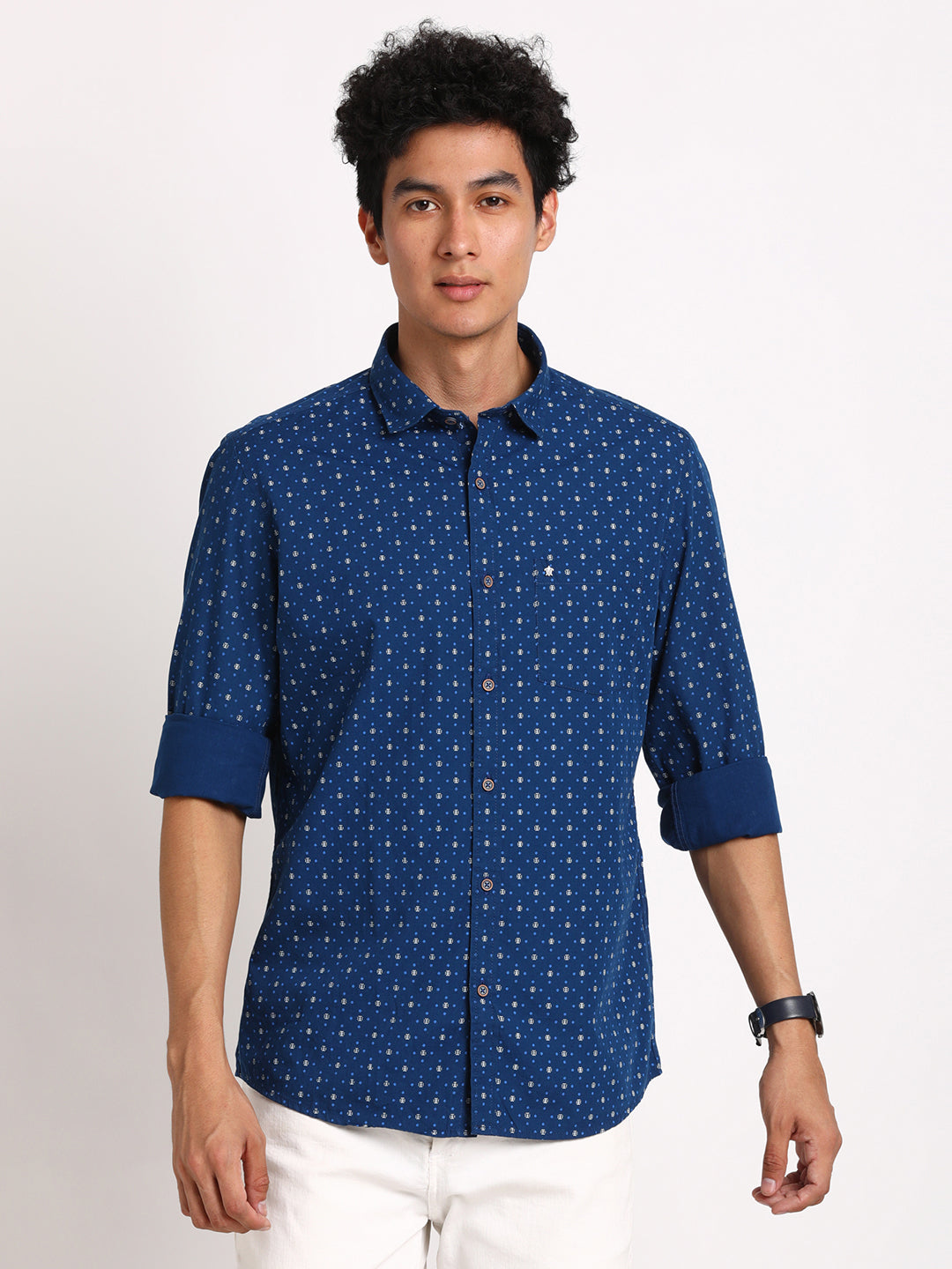 100% Cotton Blue Printed Slim Fit Full Sleeve Casual Shirt