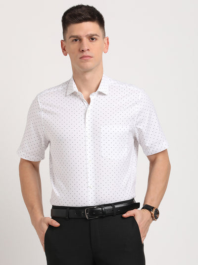 100% Cotton White Printed Slim Fit Half Sleeve Formal Shirt