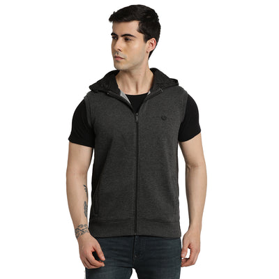 Turtle Men Charcoal Solid Sleeveless Hooded Sweatshirt