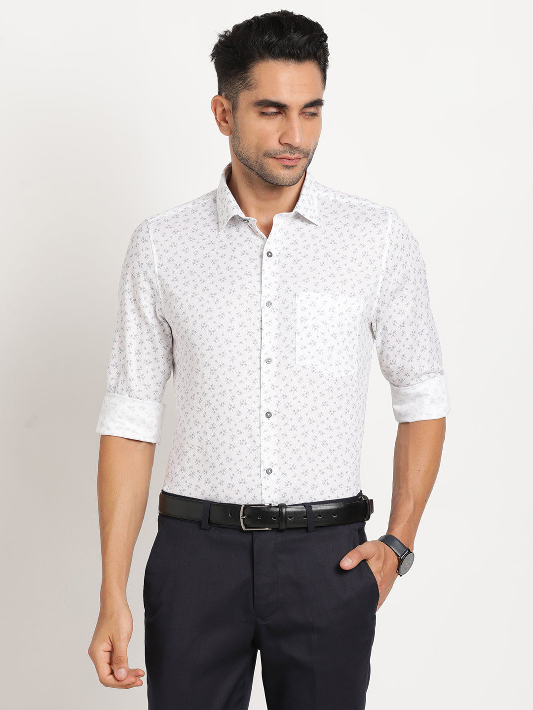 100% Cotton Off White Printed Slim Fit Full Sleeve Formal Shirt