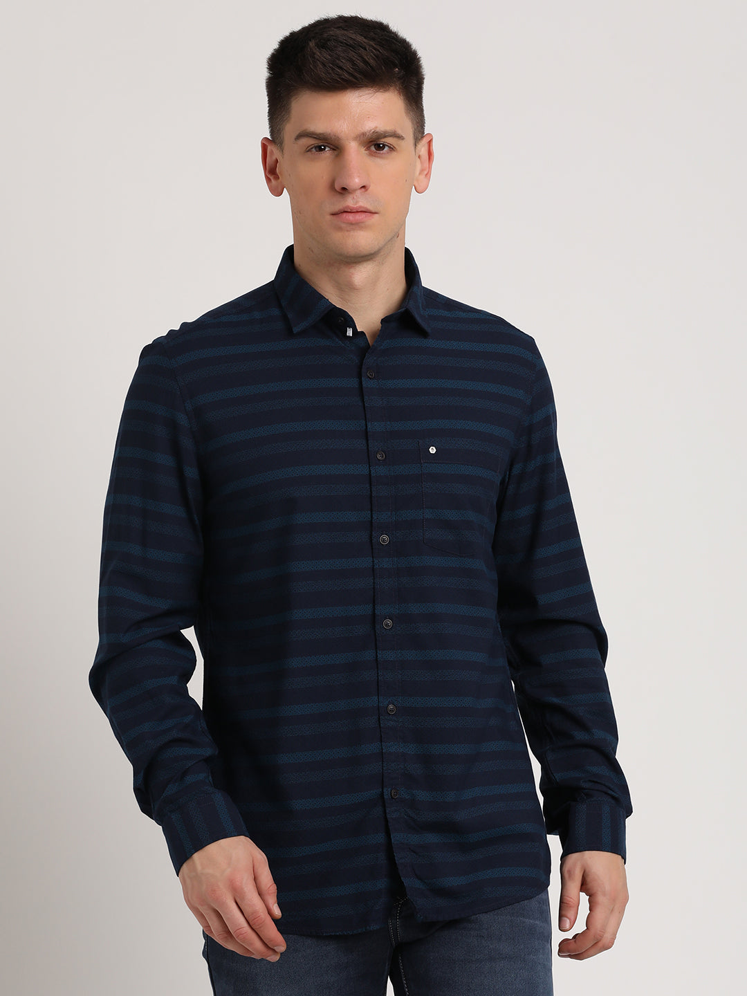 Cotton Viscose Blue Printed Slim Fit Full Sleeve Casual Shirt