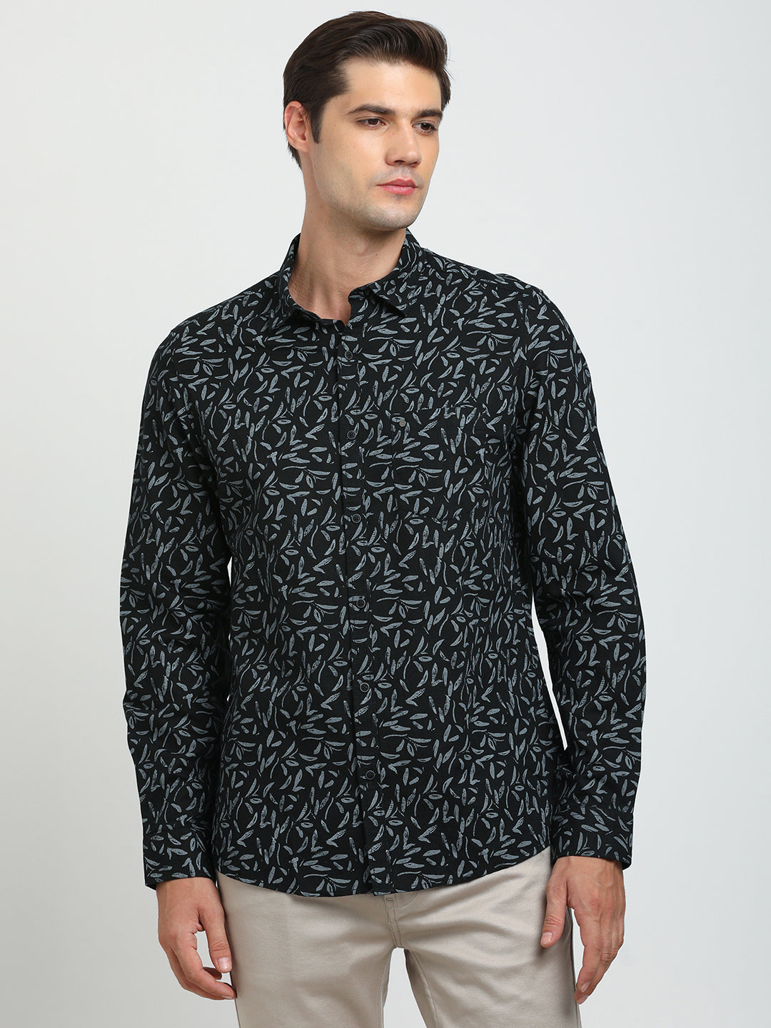 Cotton Linen Black Printed Slim Fit Full Sleeve Casual Shirt