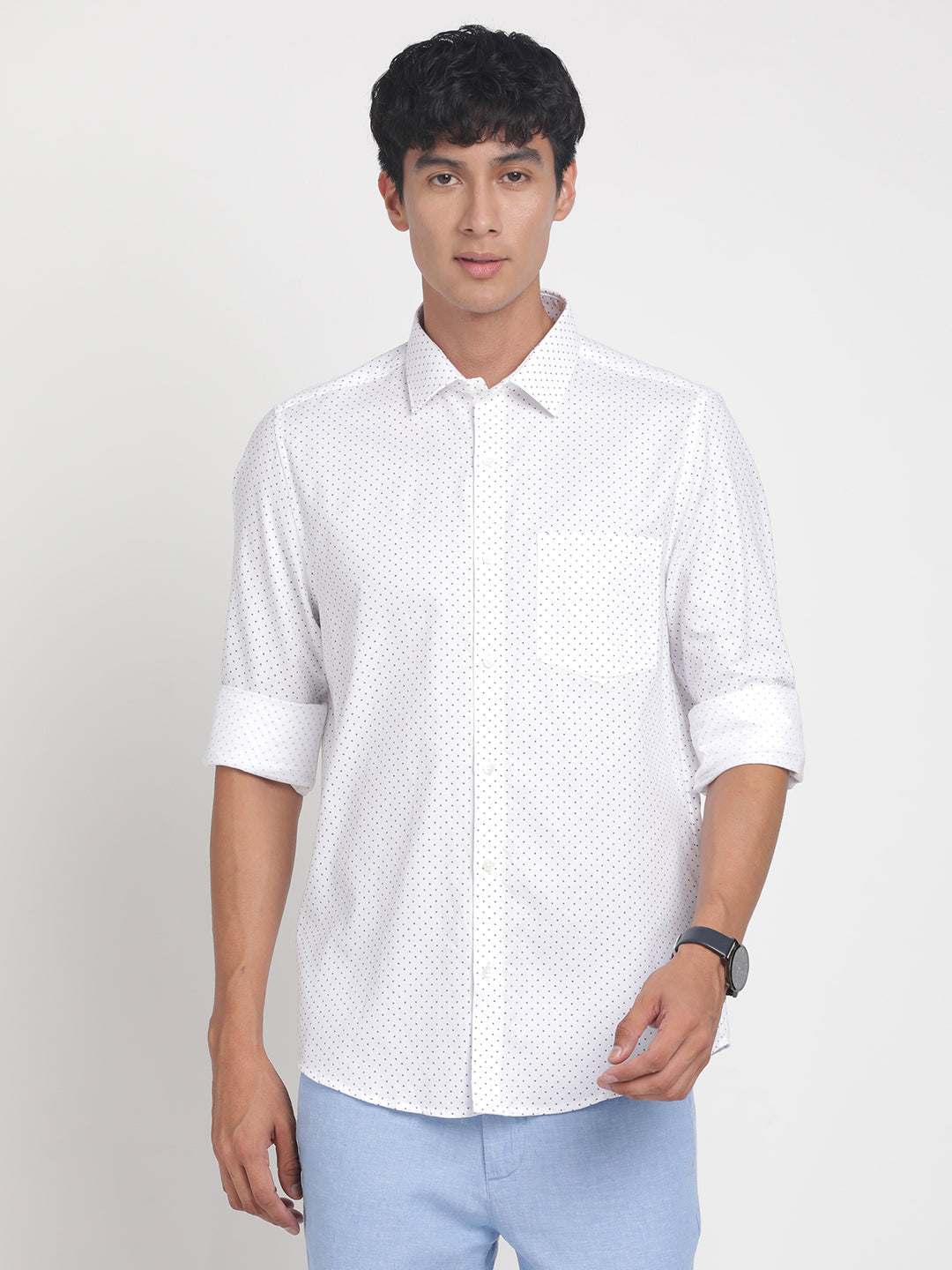 100% Cotton White Printed Slim Fit Full Sleeve Formal Shirt