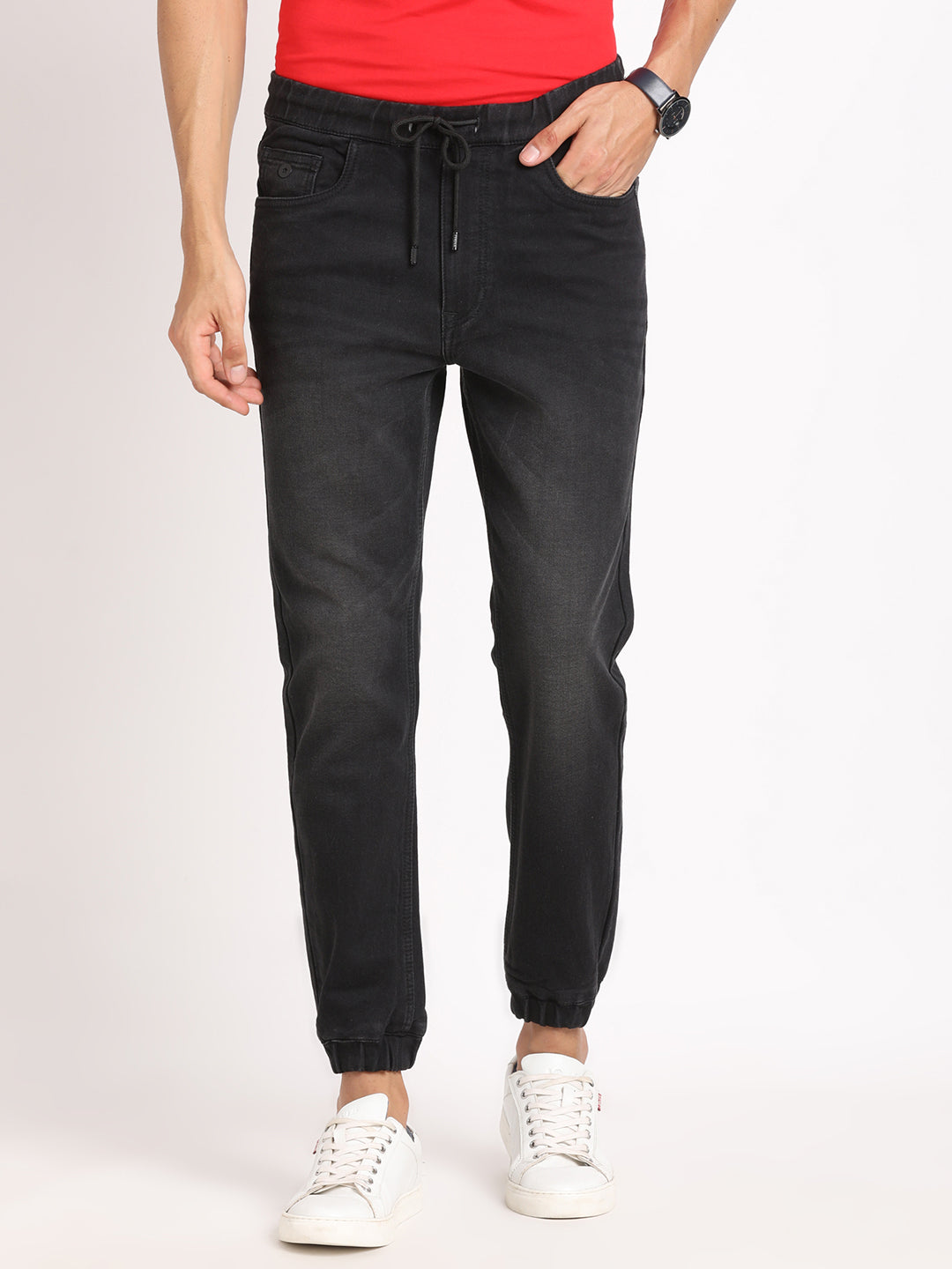 Cotton Stretch Black Plain Flat Front Casual Jogger Jeans