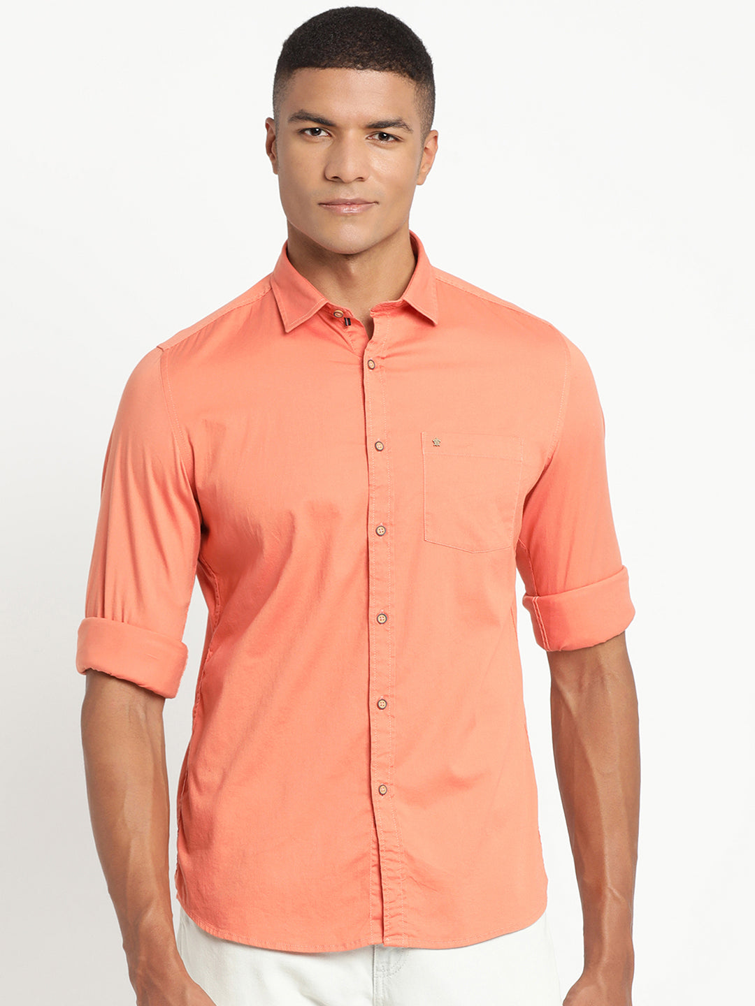 Cotton Orange Printed Slim Fit Full Sleeve Casual Shirt