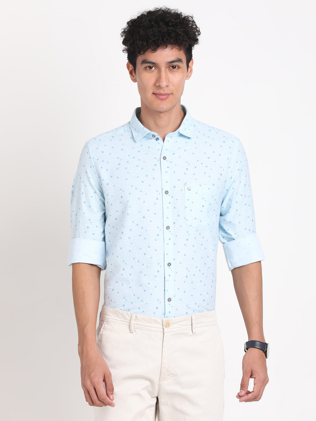 Cotton Melange Light Blue Printed Slim Fit Full Sleeve Casual Shirt