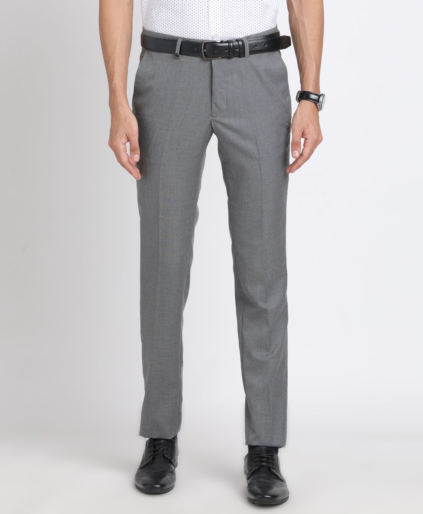 Poly Viscose Grey Plain Slim Fit Flat Front Formal Trouser