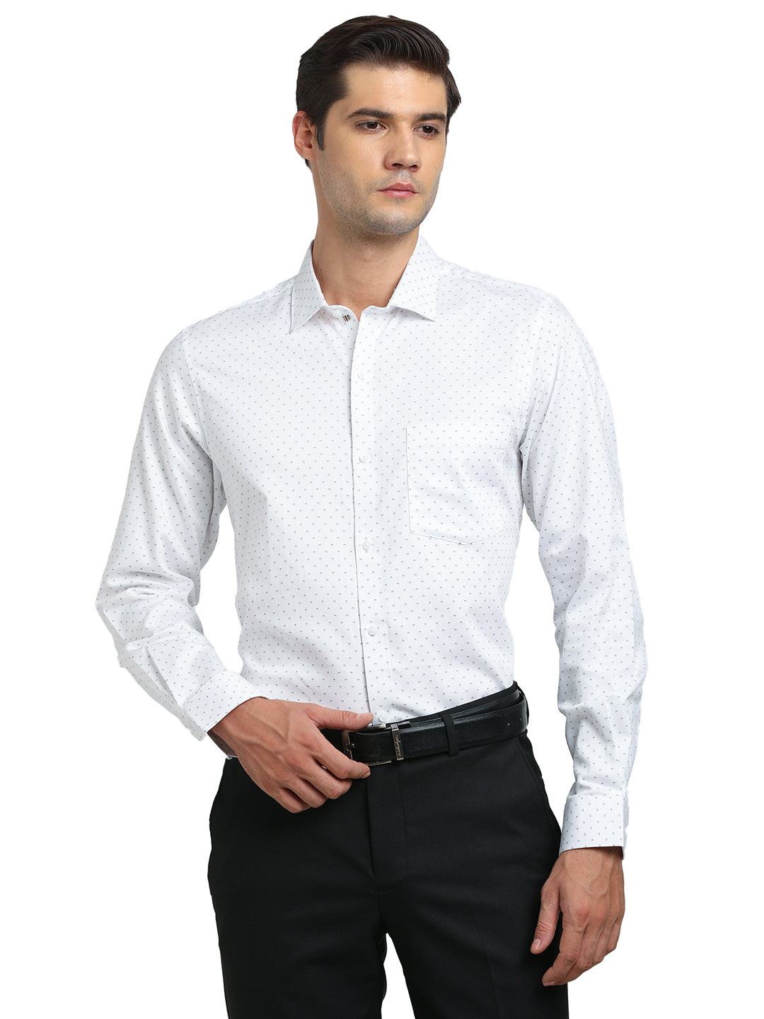 100% Cotton White Printed Slim Fit Full Sleeve Formal Shirt