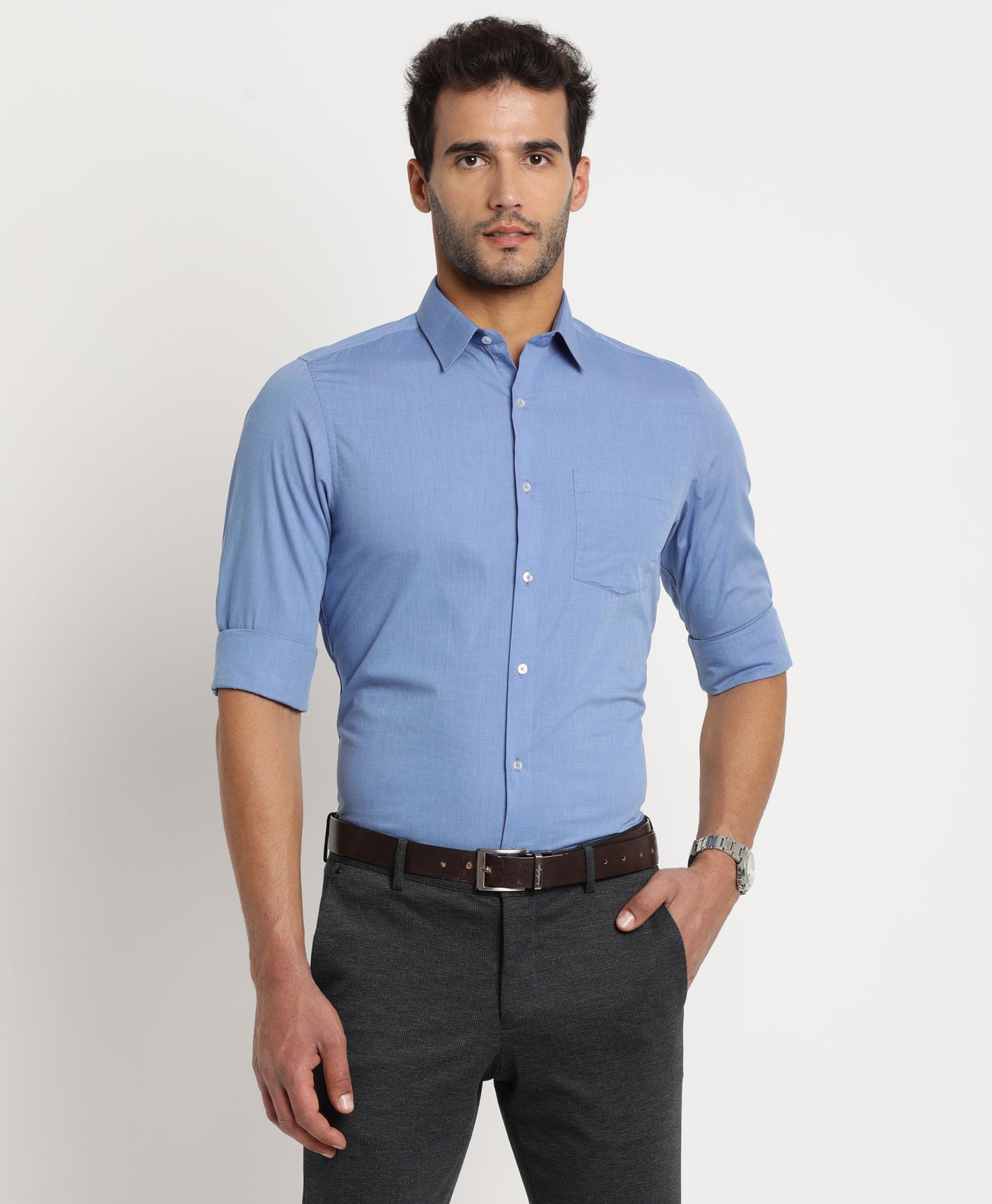 Cotton Navy Blue Plain Slim Fit Full Sleeve Formal Shirt
