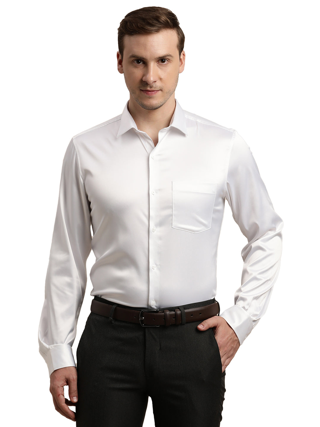 Poly Satin White Plain Slim Fit Full Sleeve Ceremonial Shirt