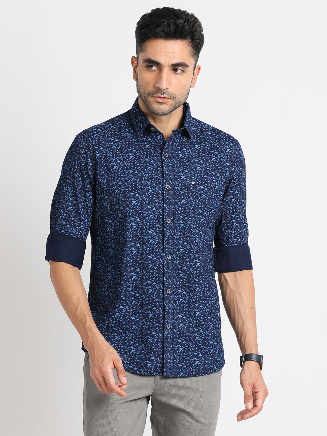 100% Cotton Indigo Royal Blue Printed Slim Fit Full Sleeve Casual Shirt