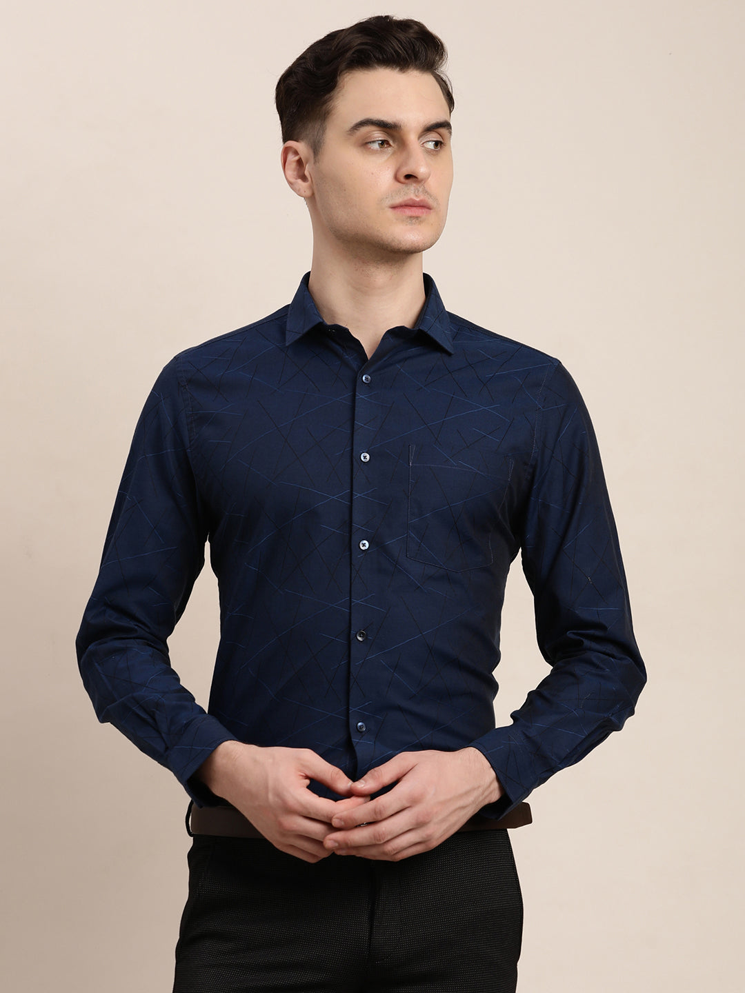 Giza Cotton Dark Blue Jacquard Slim Fit Full Sleeve Ceremonial Shirt