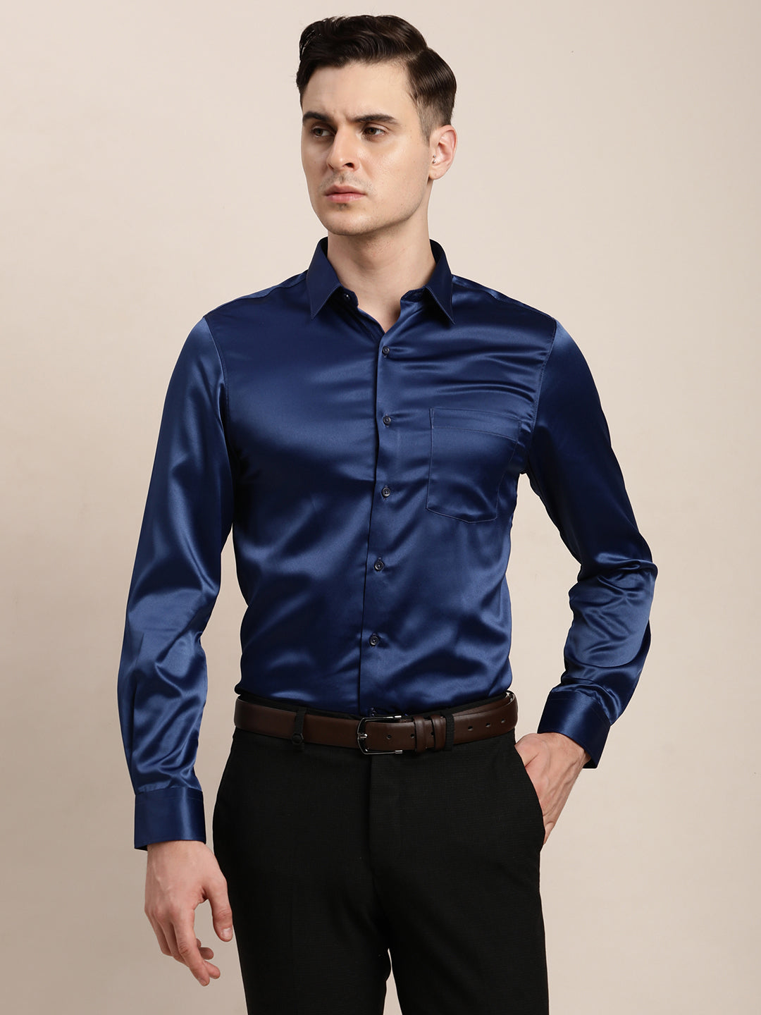 Poly Satin Blue Plain Regular Fit Full Sleeve Ceremonial Shirt