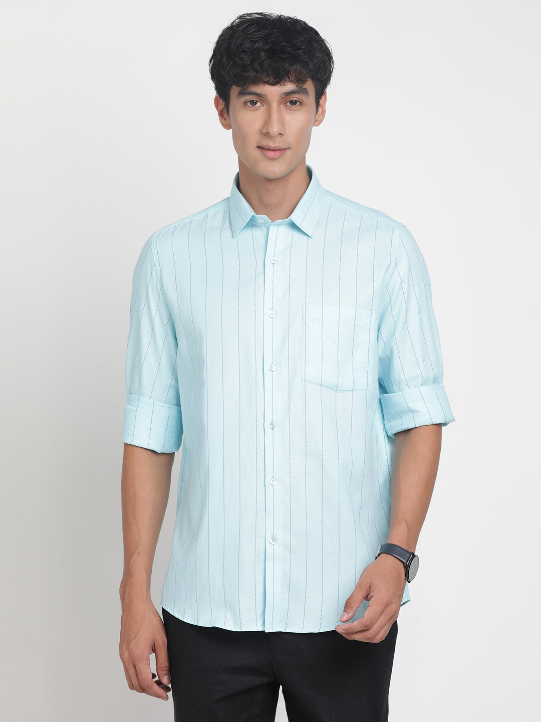 100% Cotton Sky Blue Striped Slim Fit Full Sleeve Formal Shirt