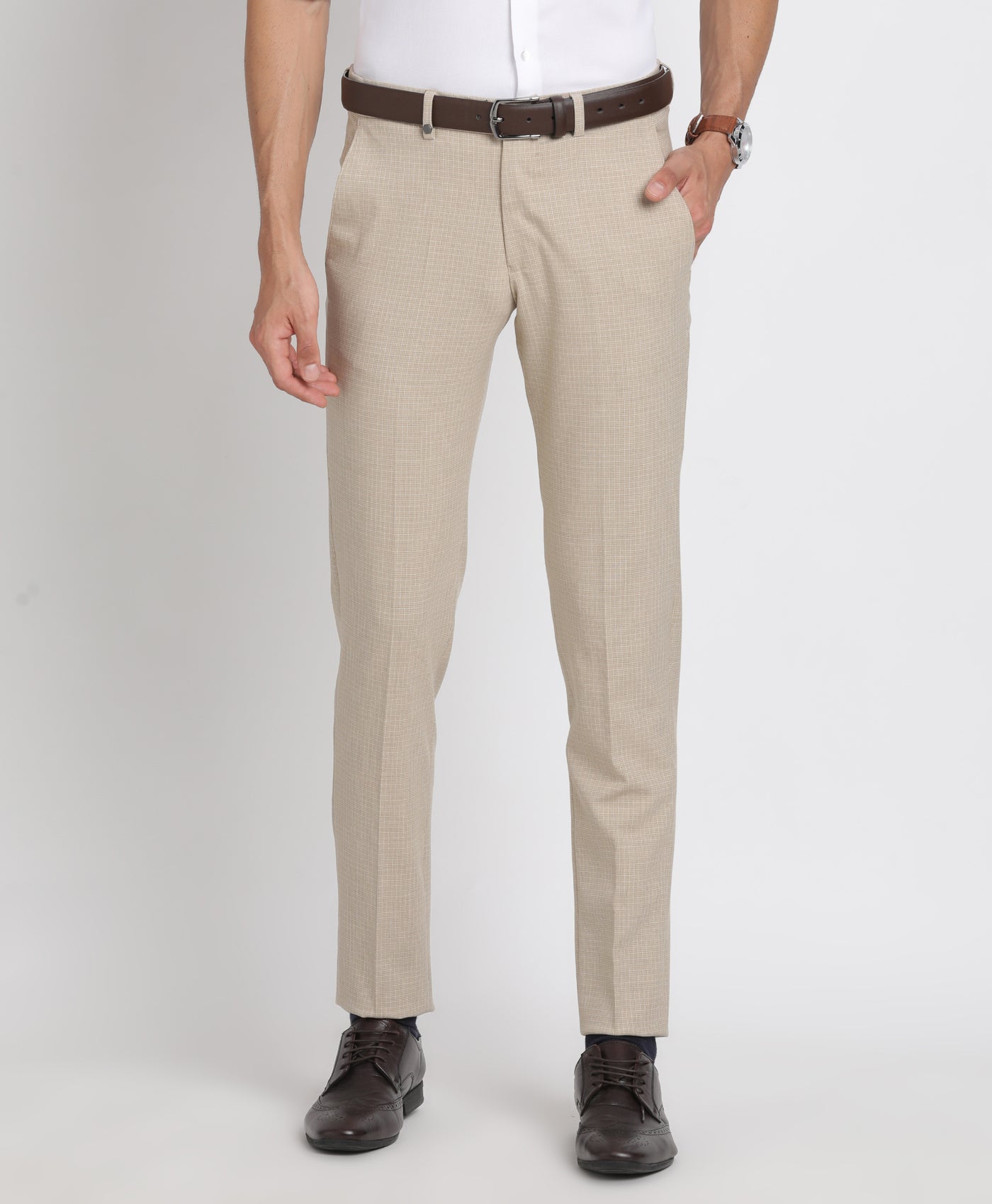 Cotton Stretch Beige Checkered Ultra Slim Fit Flat Front Formal Trouser