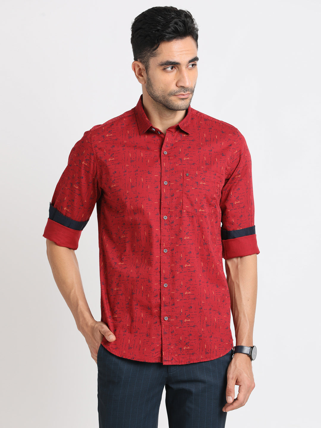100% Cotton Maroon Printed Slim Fit Full Sleeve Casual Shirt