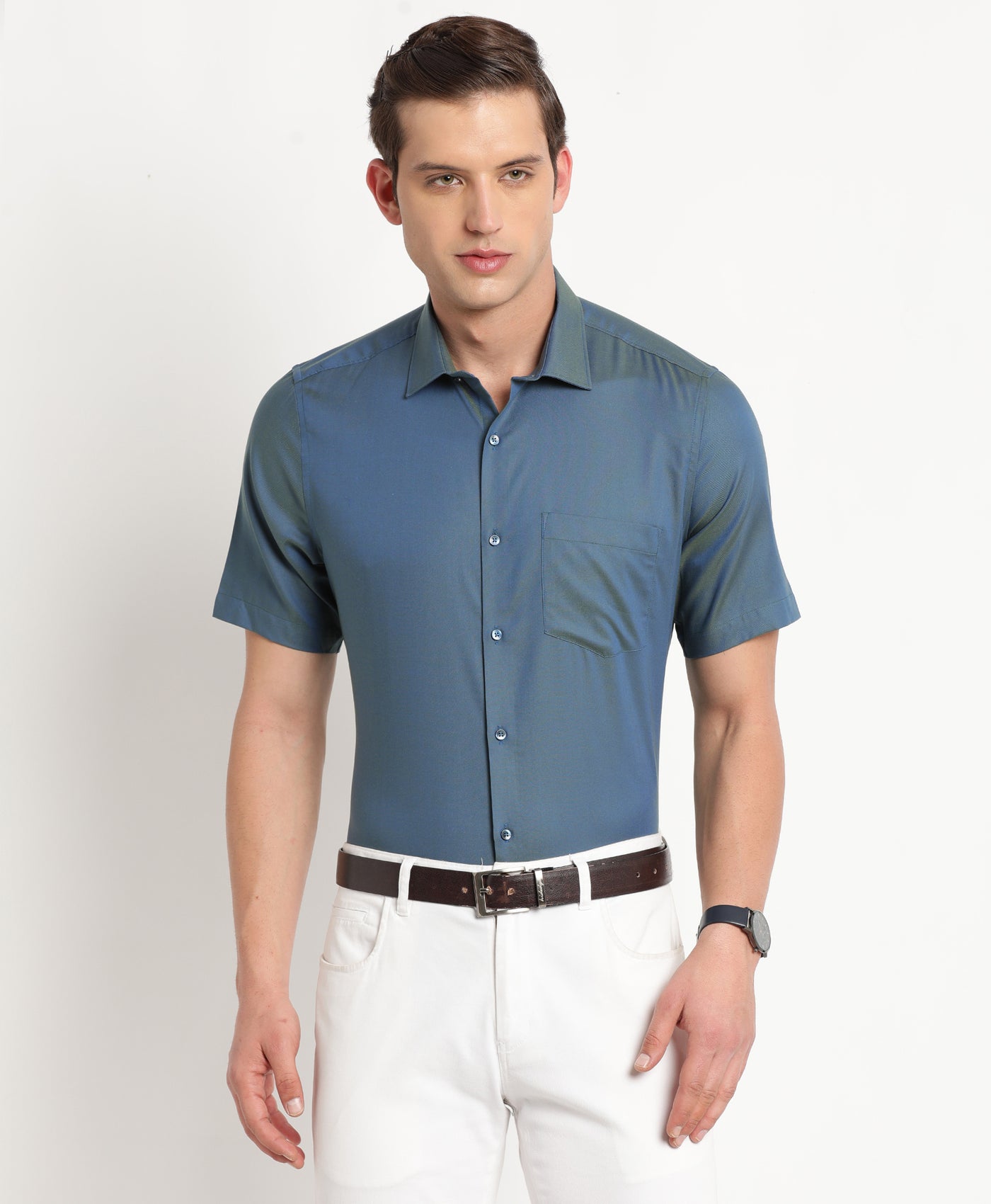 100% Cotton Blue Dobby Regular Fit Half Sleeve Formal Shirt