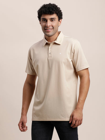 Cotton Plain Beige Polo Neck T-Shirt