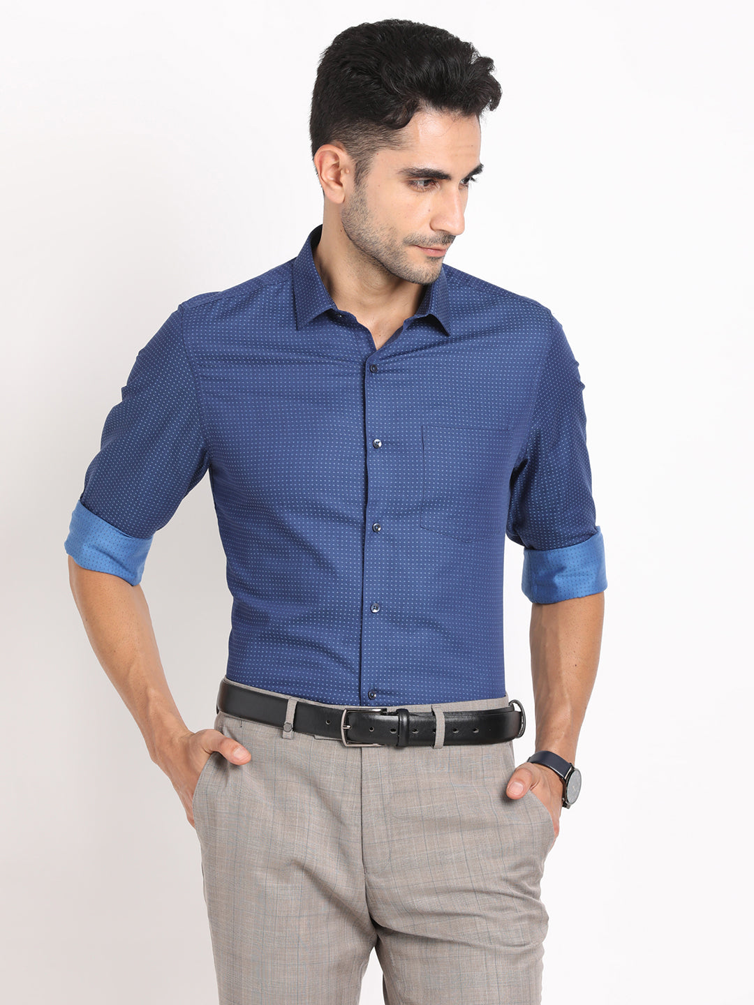 100% Cotton Blue Dobby Slim Fit Full Sleeve Formal Shirt