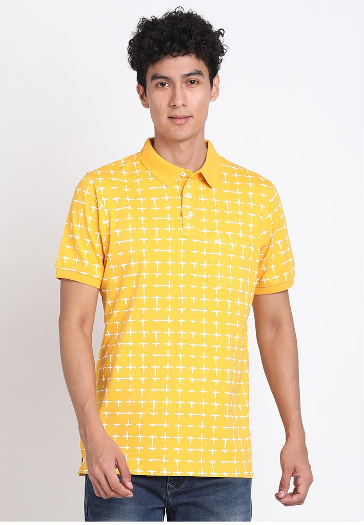 Cotton Stretch Yellow Printed Polo Neck Half Sleeve Casual T-Shirt