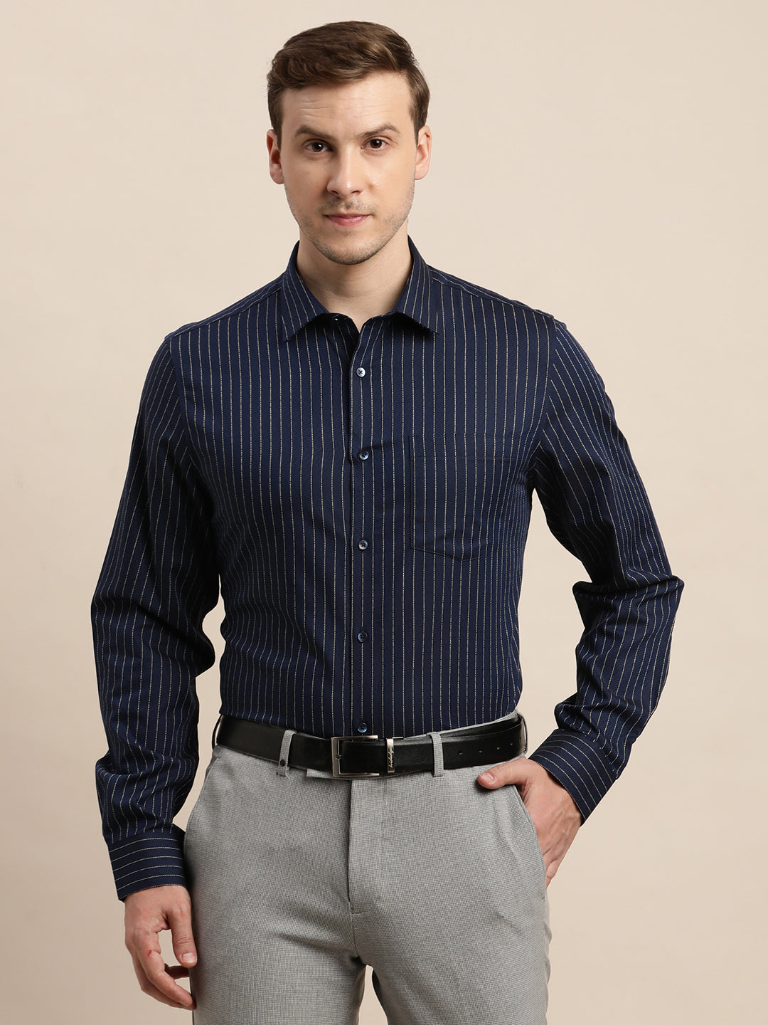 100% Cotton Navy Blue Striped Slim Fit Full Sleeve Formal Shirt