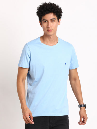 Essential 100% Cotton Sky Blue Solid Round Neck Half Sleeve Casual T-Shirt