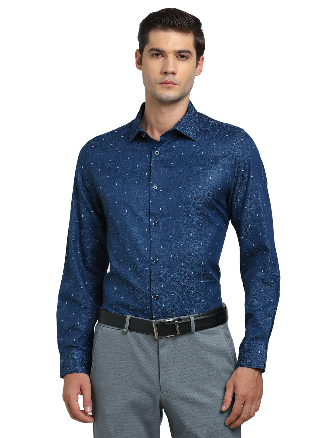 Poly Cotton Blue Jacquard Slim Fit Full Sleeve Ceremonial Shirt