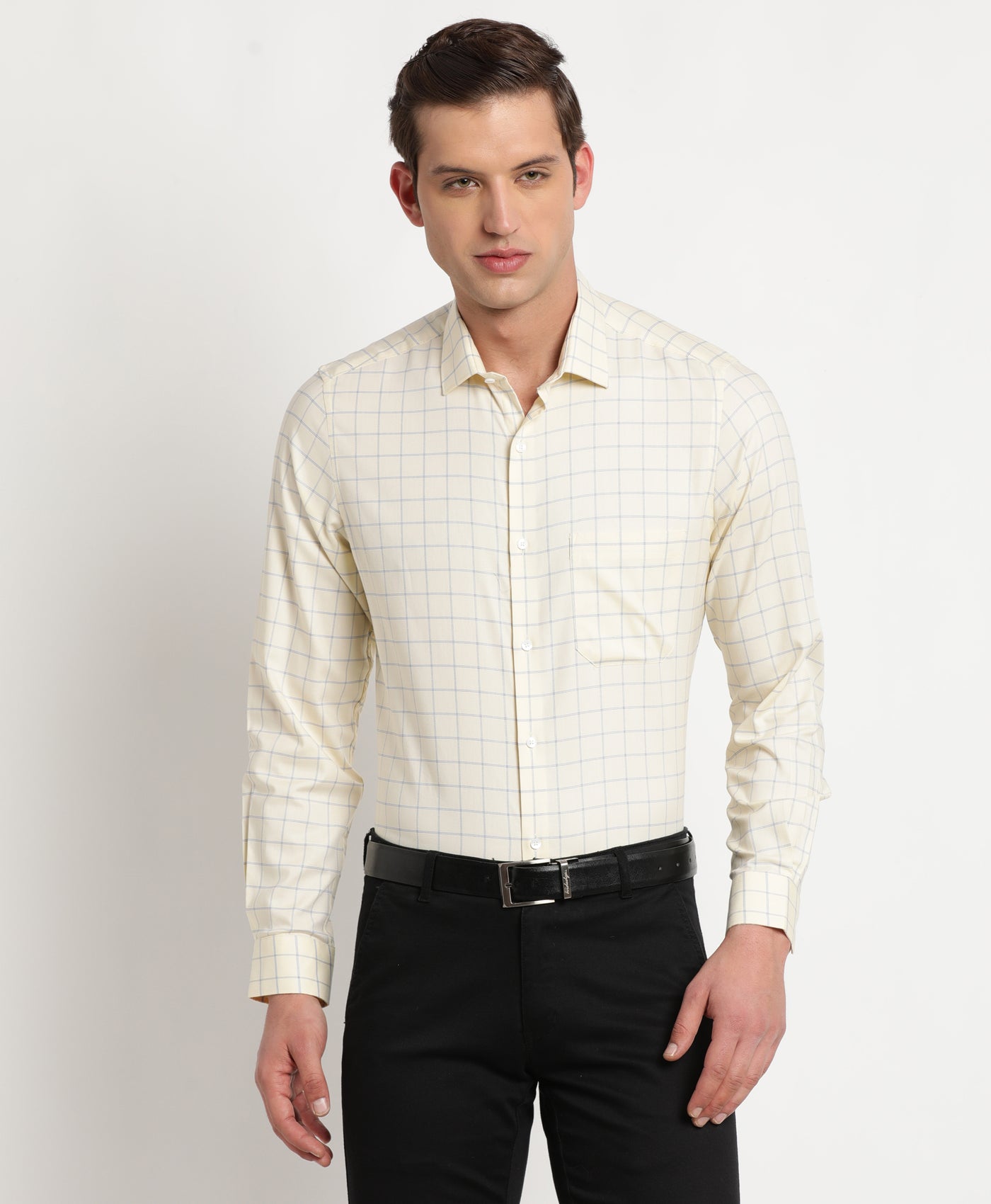 100% Cotton Yellow Checkered Slim Fit Full Sleeve Formal Shirt
