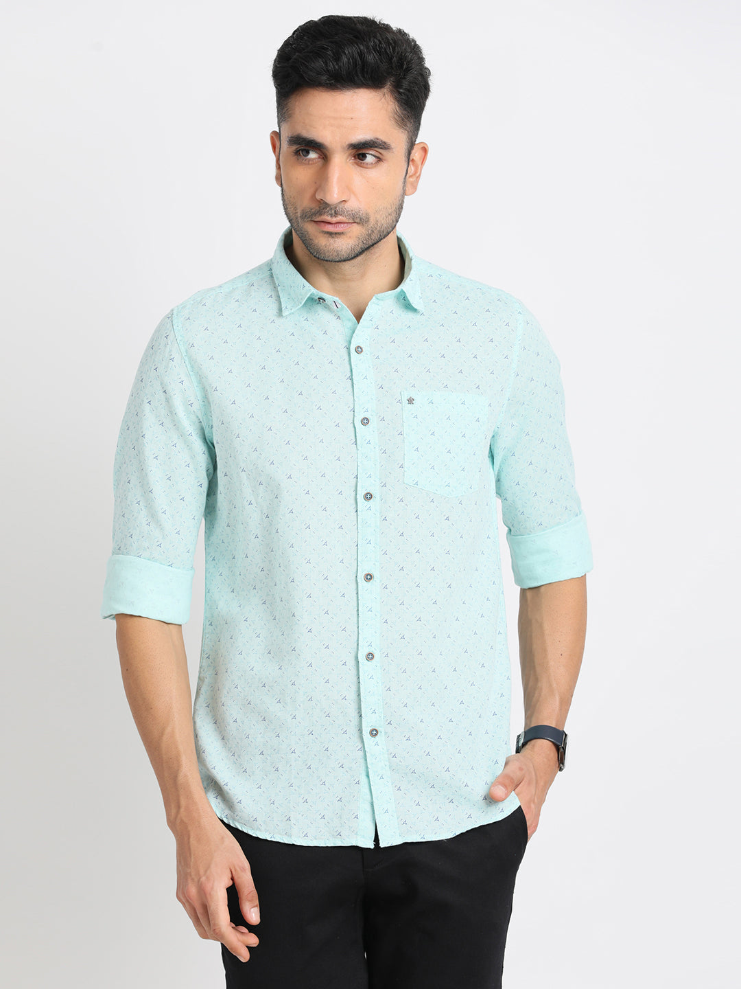 Cotton Linen Sea Green Printed Slim Fit Full Sleeve Casual Shirt