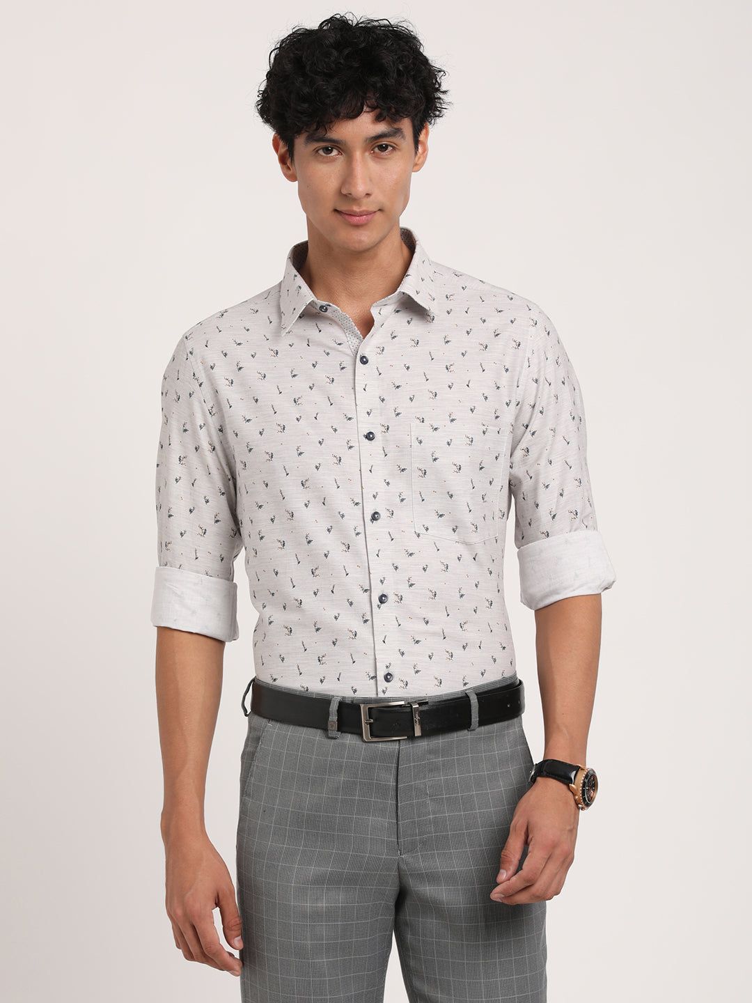 Cotton Melange Grey Printed Slim Fit Full Sleeve Formal Shirt