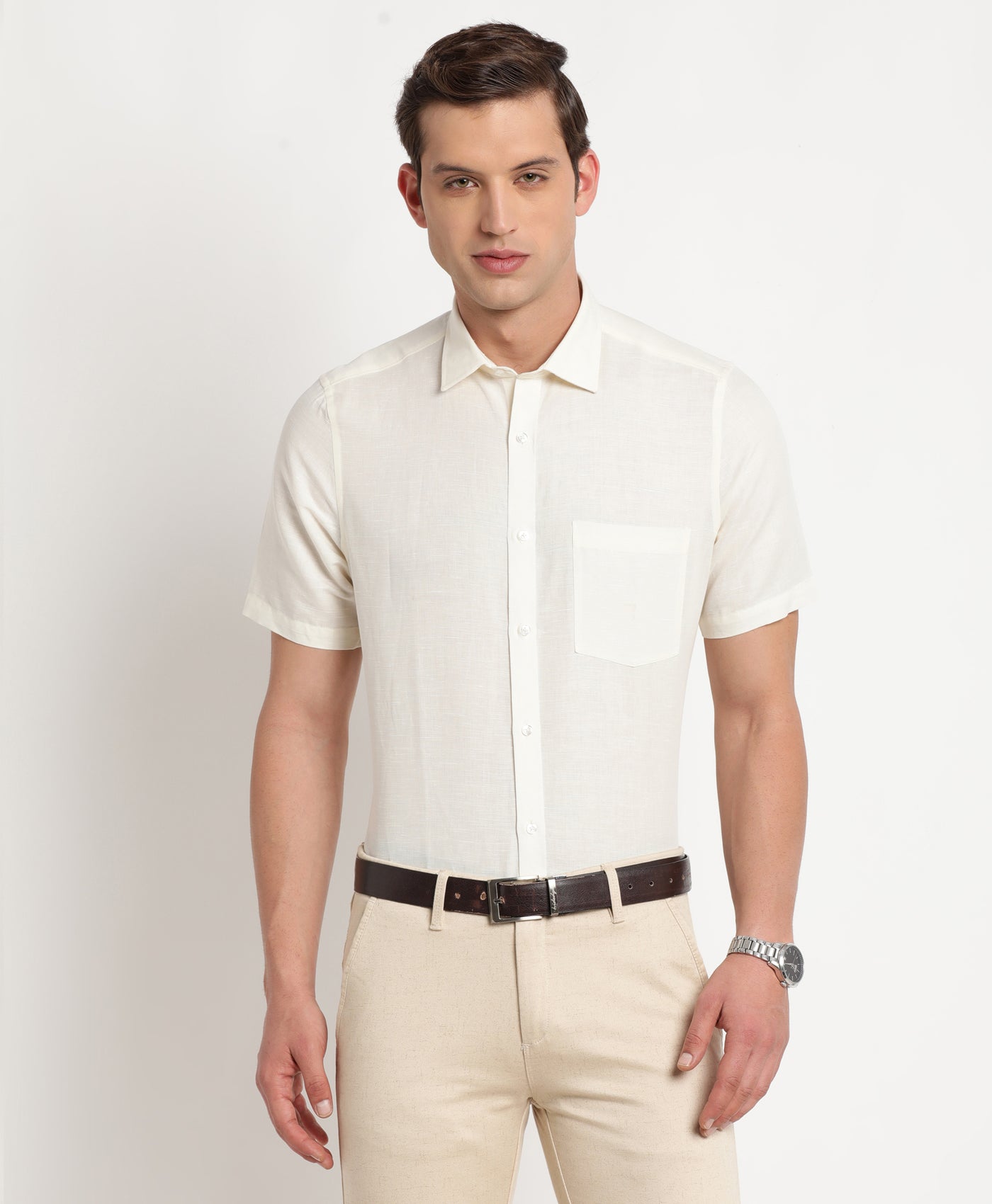 Cotton Linen White Plain Regular Fit Half Sleeve Formal Shirt