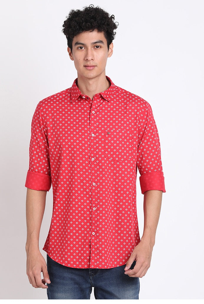 100% Cotton Red Printed Slim Fit Full Sleeve Casual Shirt