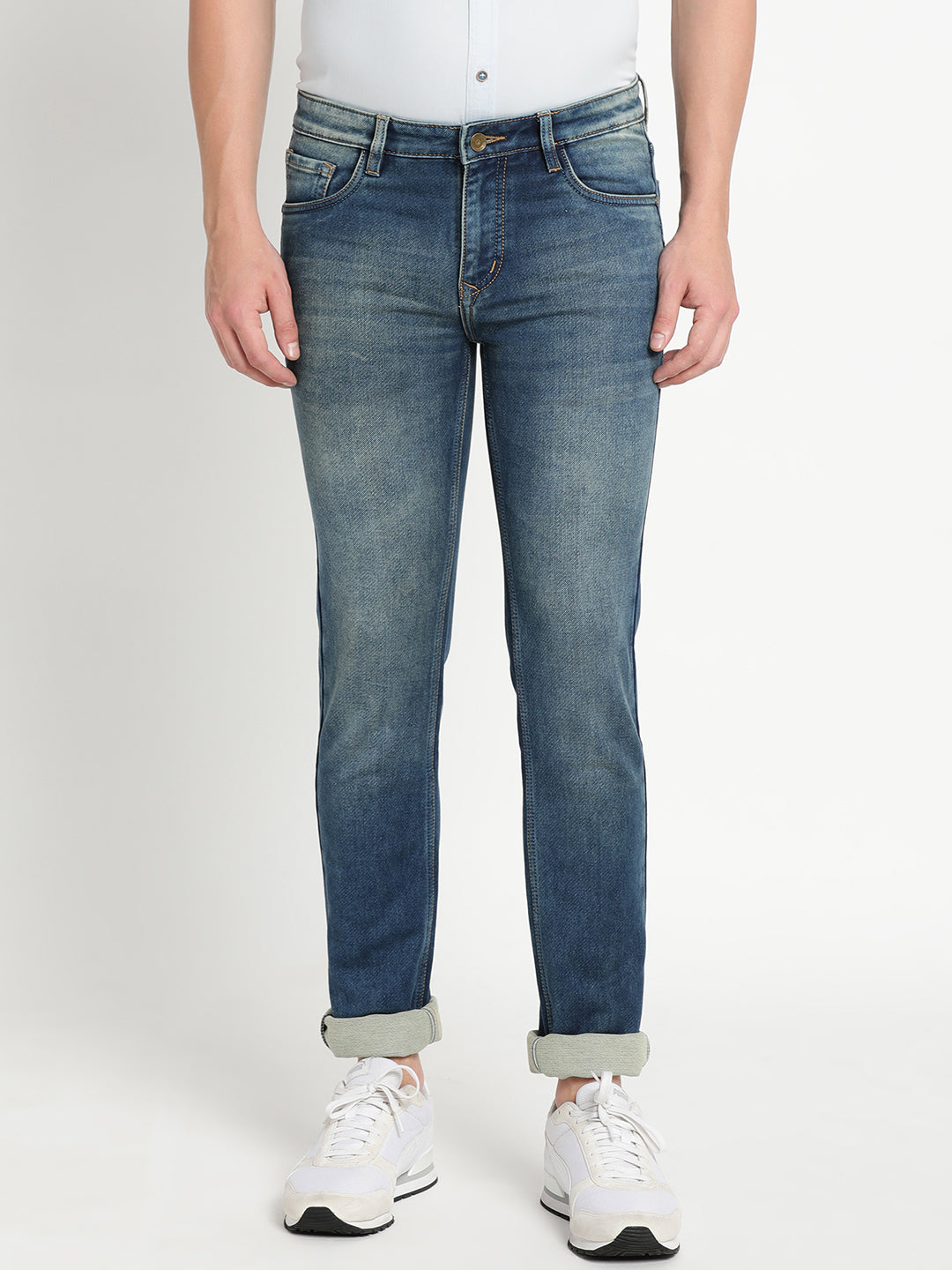 Cotton Stretch Blue Plain Narrow Fit Flat Front Casual Jeans
