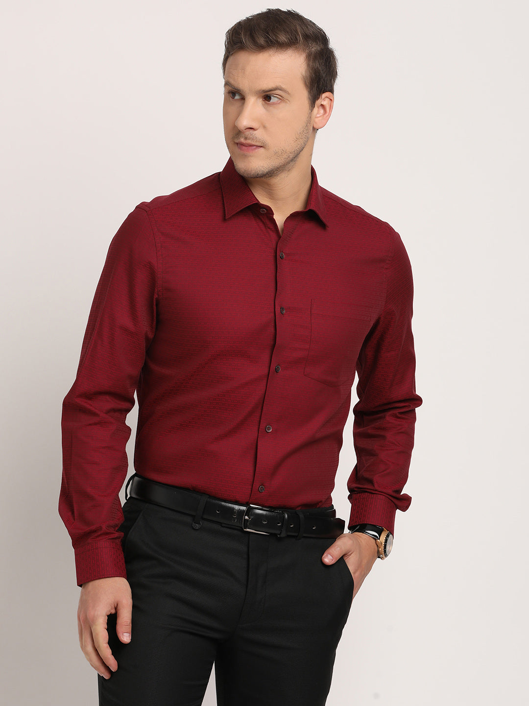 100% Cotton Maroon Dobby Slim Fit Full Sleeve Formal Shirt