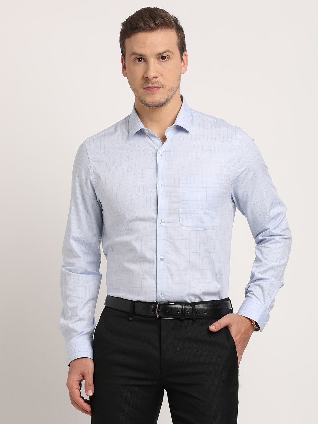 100% Cotton Light Blue Checkered Slim Fit Full Sleeve Formal Shirt