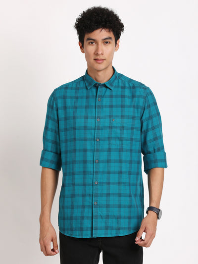 100% Cotton Blue Checkered Slim Fit Full Sleeve Casual Shirt