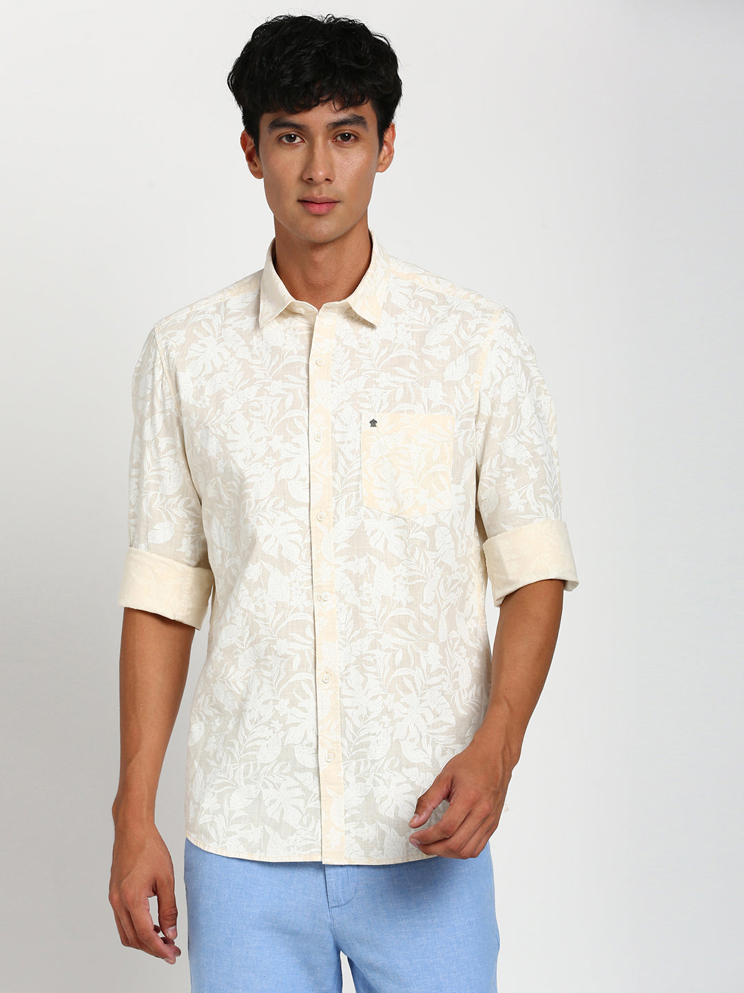 100% Cotton Beige Printed Slim Fit Full Sleeve Casual Shirt