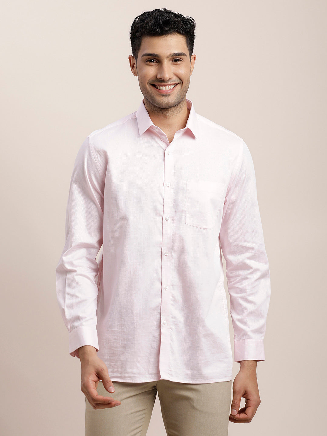 100% Cotton Light Pink Dobby Regular Fit Full Sleeve Formal Shirt