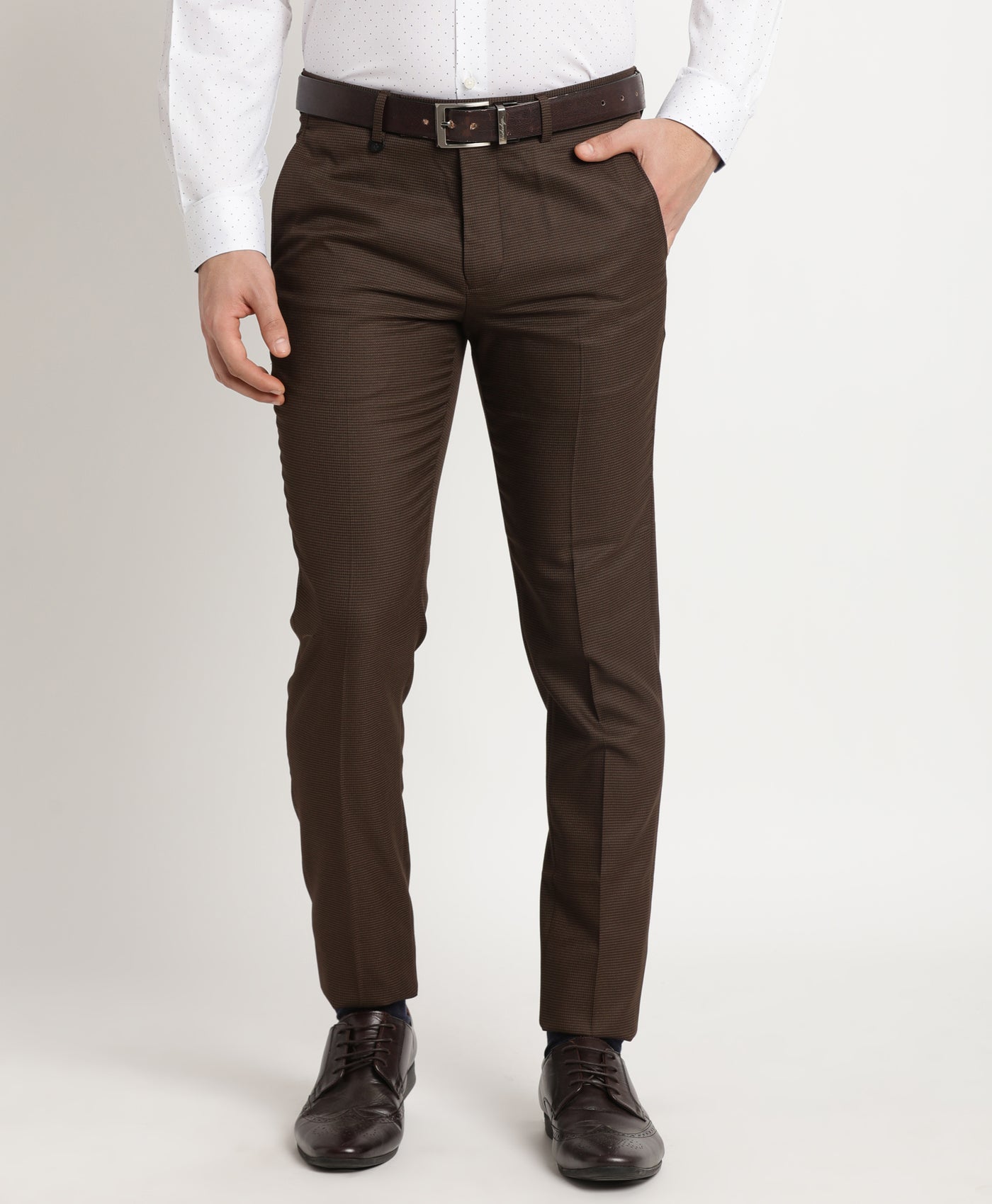 Poly Viscose Brown Dobby Ultra Slim Fit Flat Front Formal Trouser