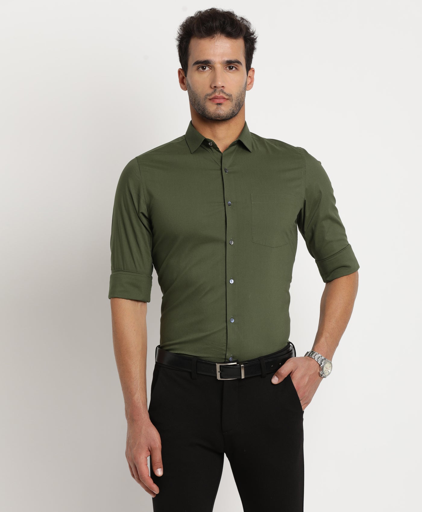 100% Cotton Olive Dobby Slim Fit Full Sleeve Ceremonial Shirt