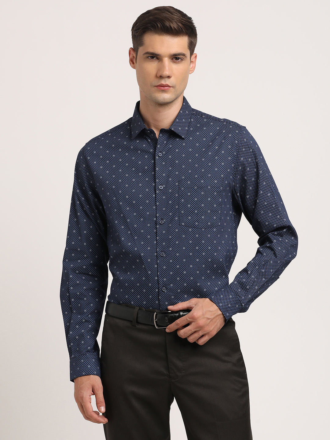 100% Cotton Blue Printed Slim Fit Full Sleeve Formal Shirt