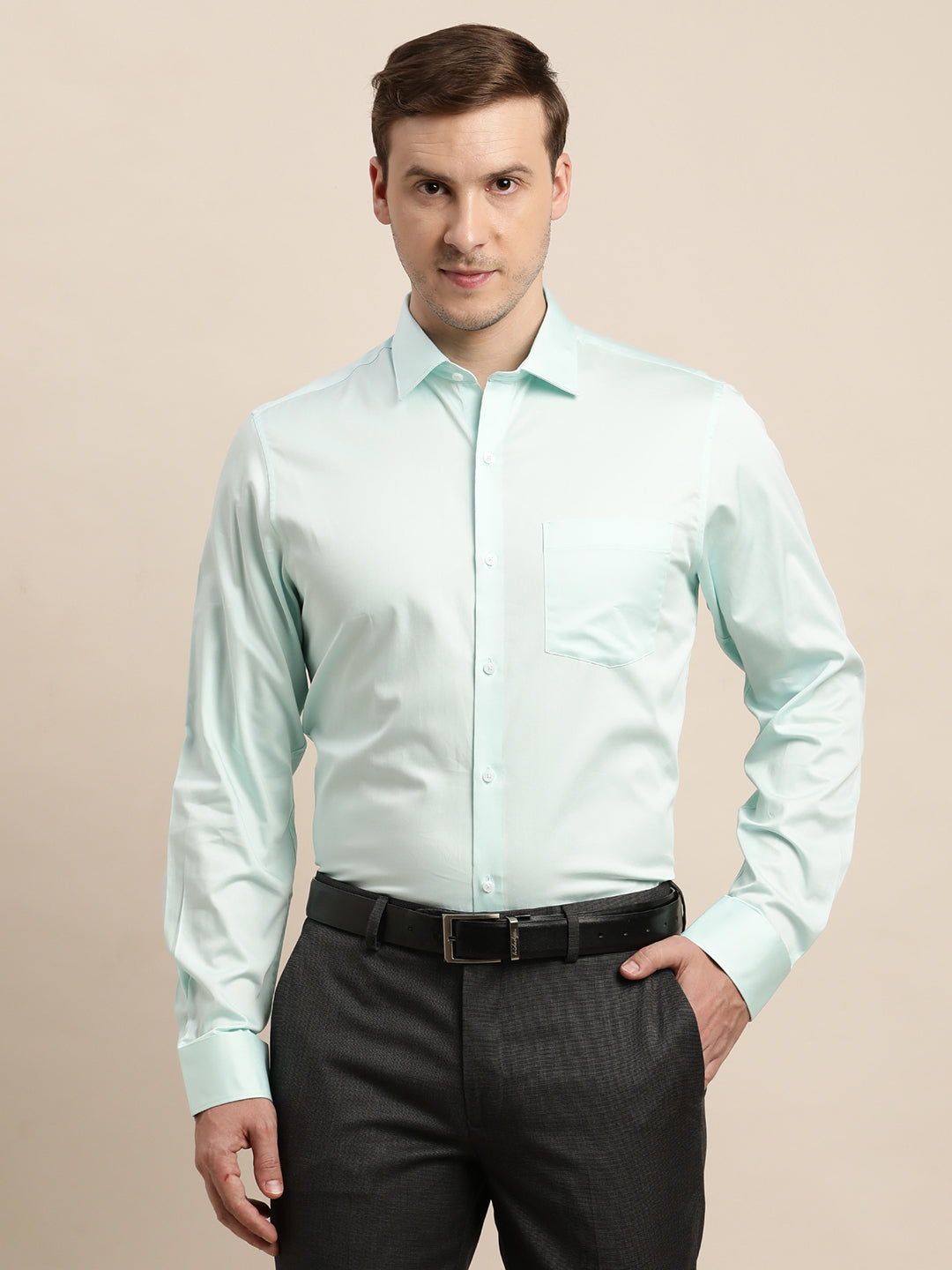 100% Cotton Light Green Plain Slim Fit Full Sleeve Formal Shirt