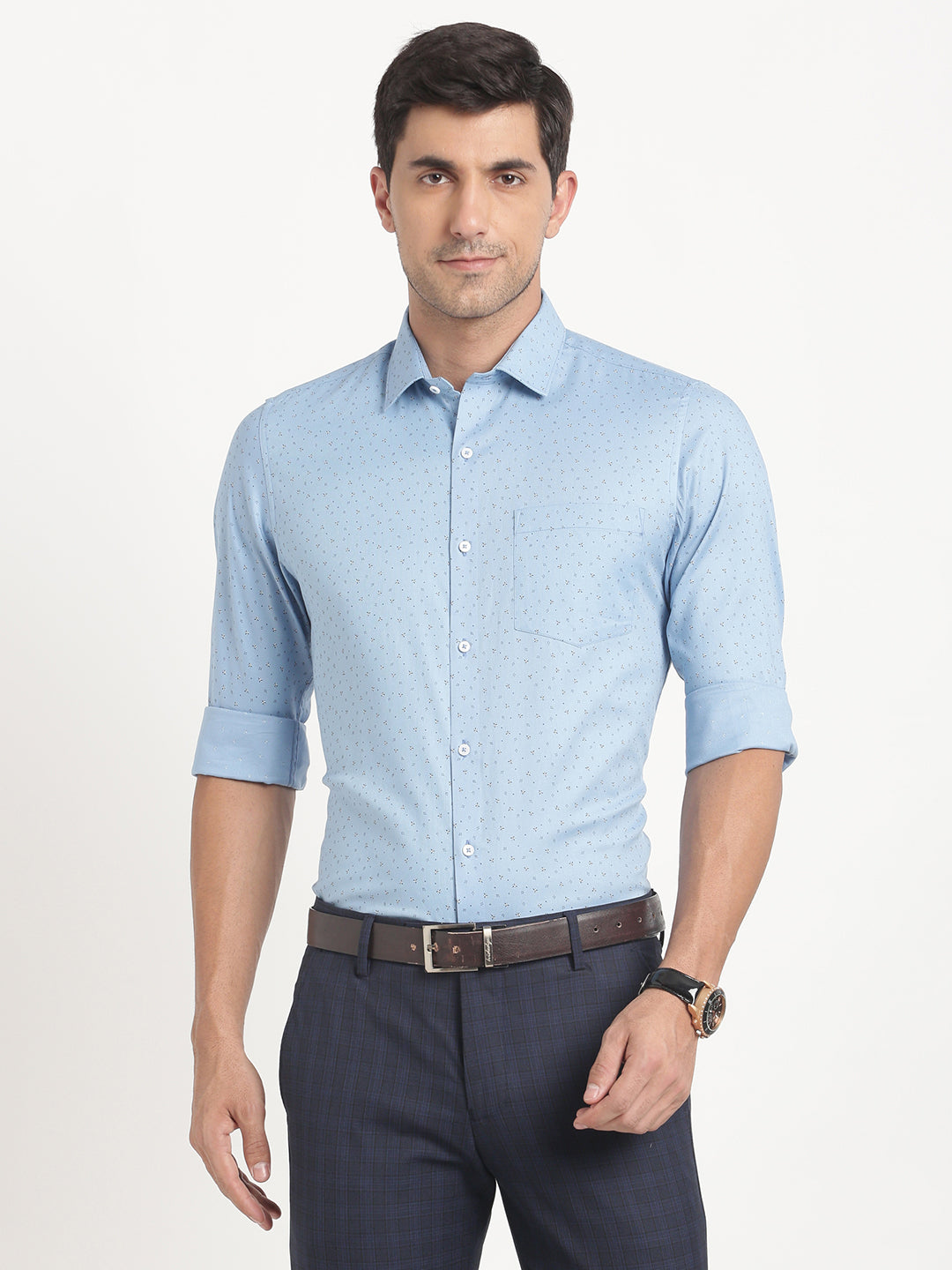 100% Cotton Sky Blue Printed Slim Fit Full Sleeve Formal Shirt