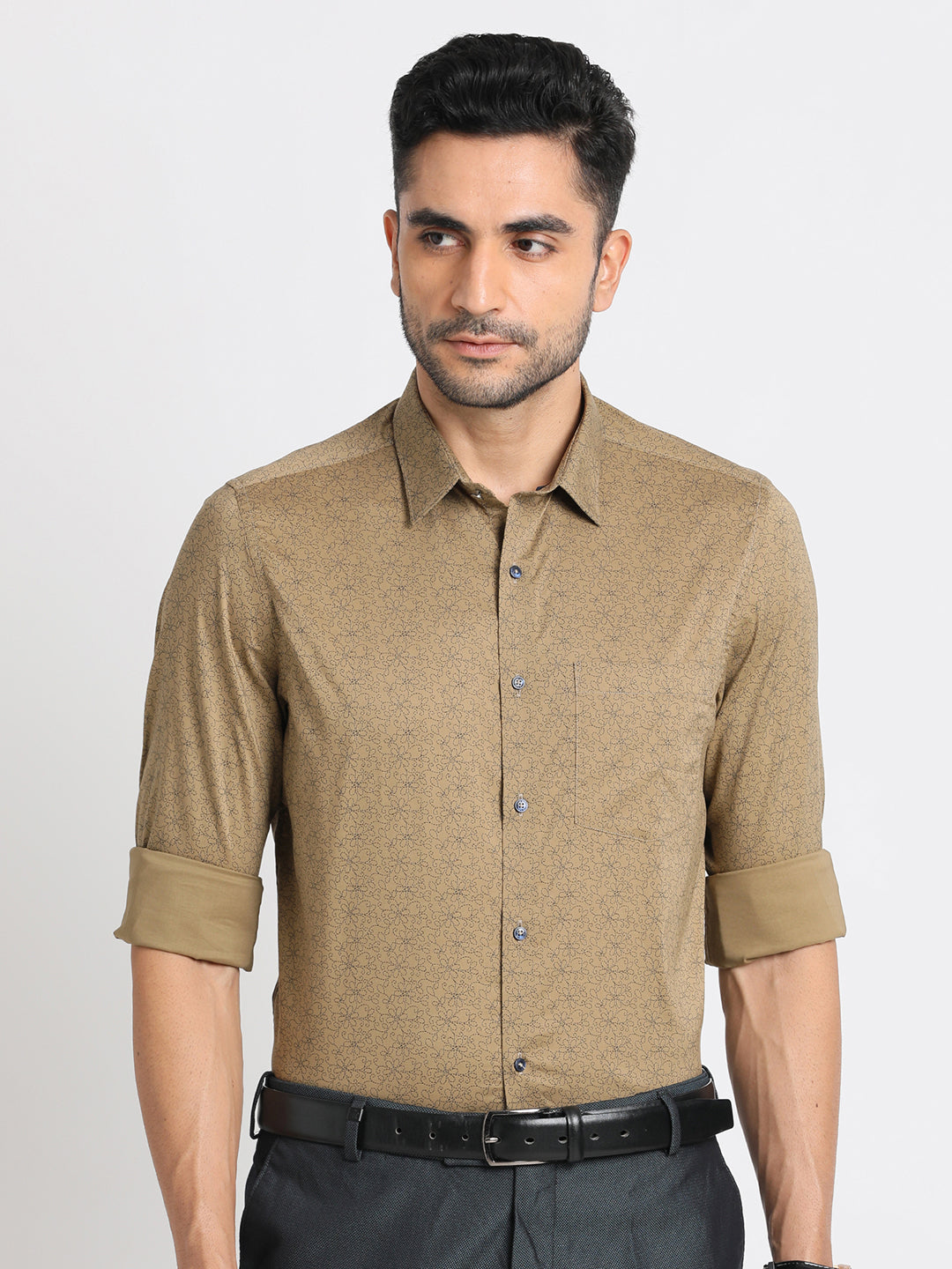 100% Cotton Khaki Printed Slim Fit Full Sleeve Ceremonial Shirt