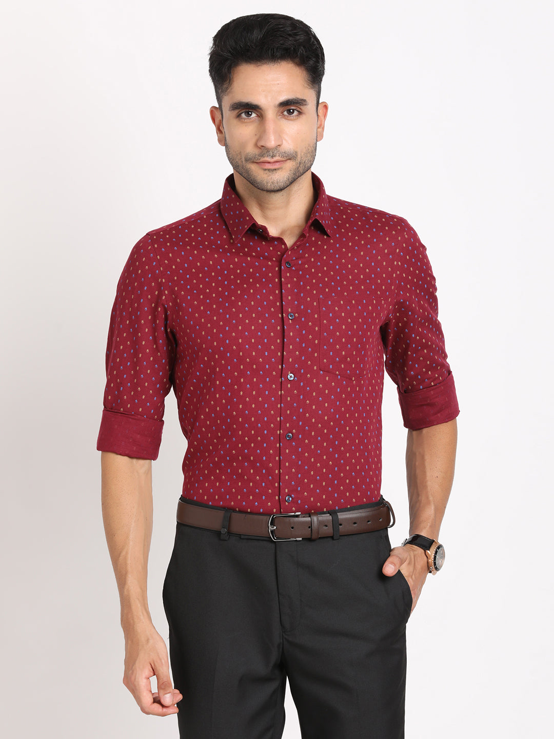 Cotton Linen Maroon Printed Slim Fit Full Sleeve Formal Shirt