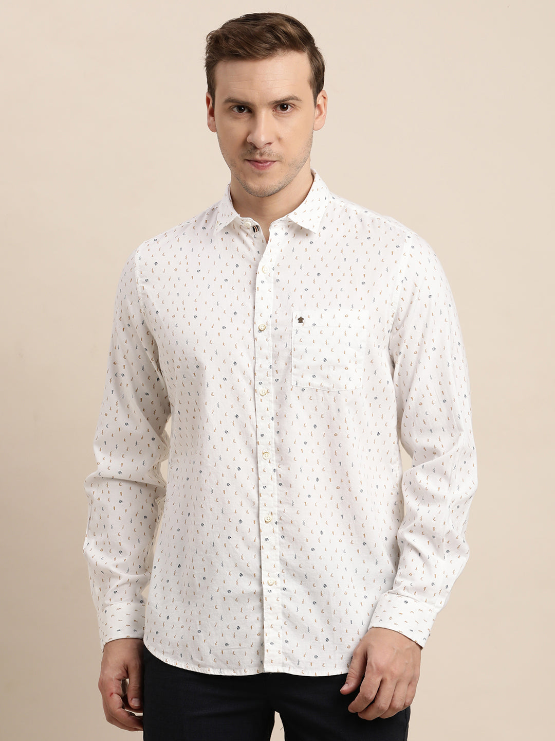 100% Cotton White Printed Slim Fit Full Sleeve Casual Shirt