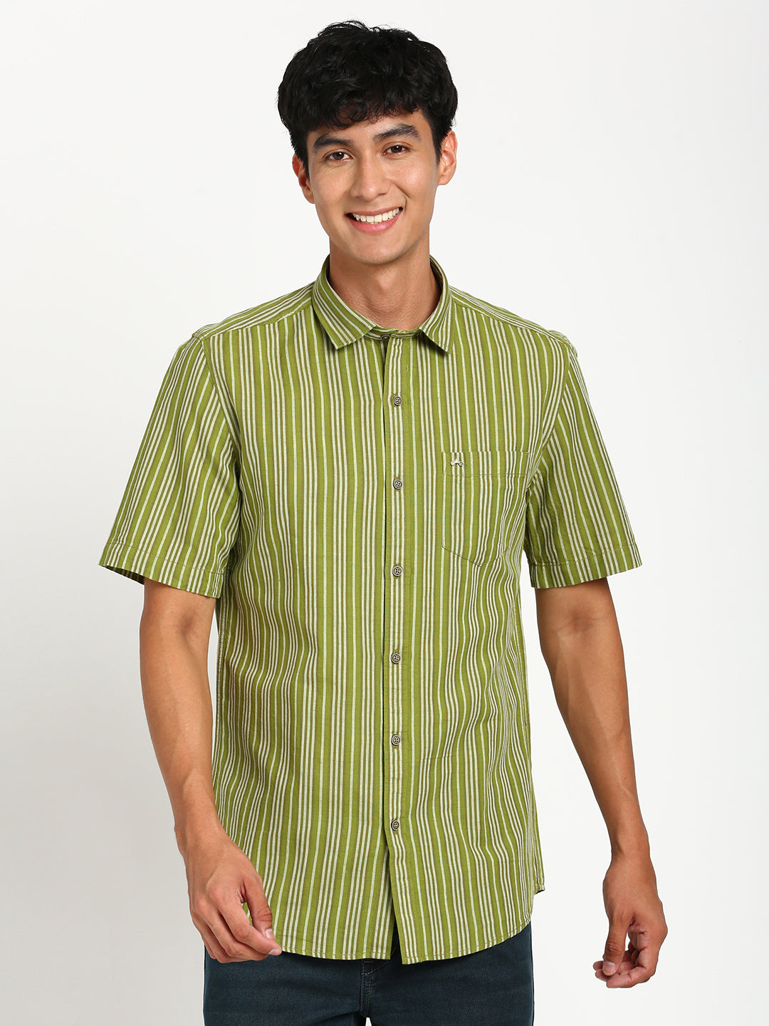 Cotton Linen Green Striped Slim Fit Half Sleeve Casual Shirt